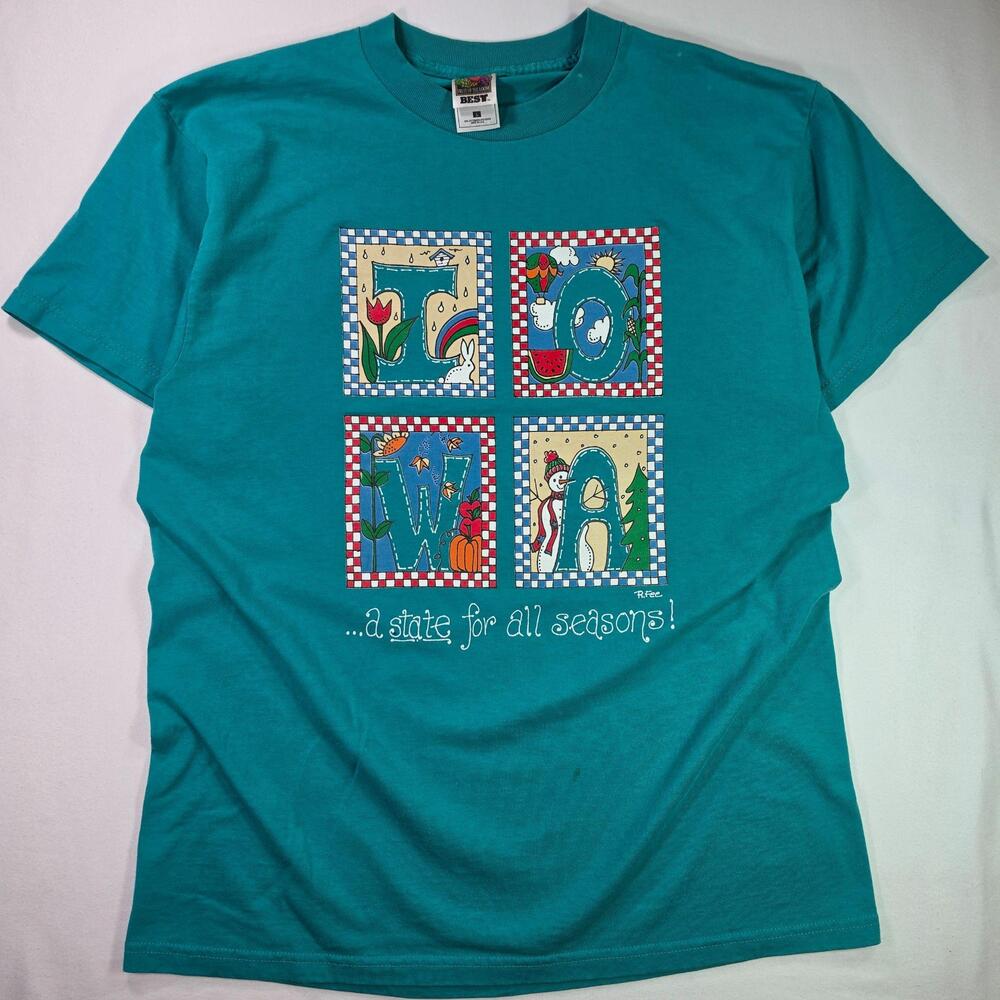 Vintage 90s Iowa A State For All Seasons FOTL BEST Shirt Mens L Blue Tee USA